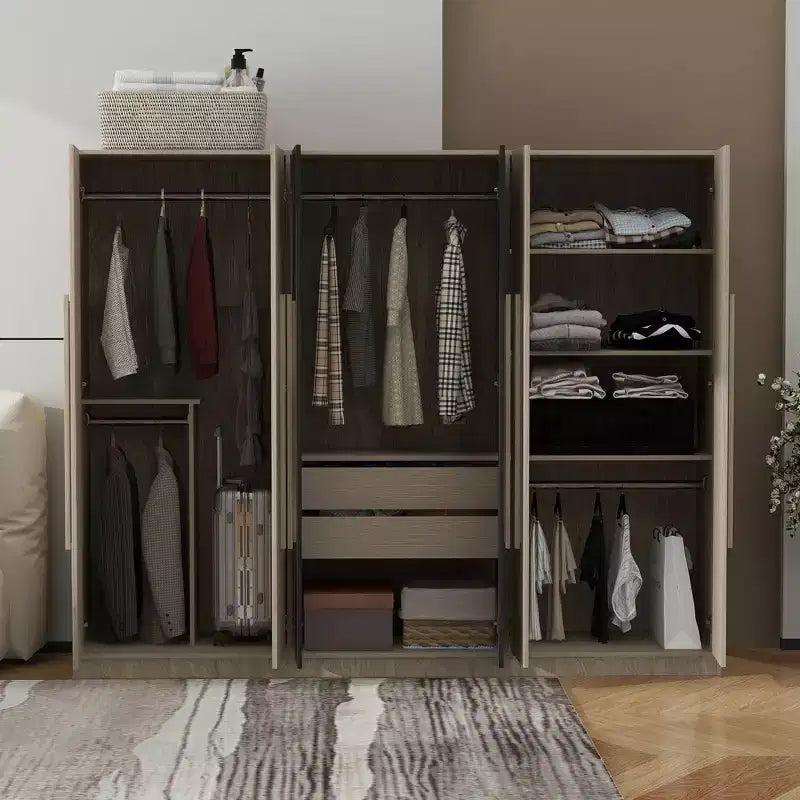 Armário roupeiro 83W com 6 portas, armário de roupa com 2 gavetas, varões para pendurar e prateleiras de arrumação, preto+natural-ModernLuxe