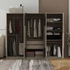 Armário roupeiro 83W com 6 portas, armário de roupa com 2 gavetas, varões para pendurar e prateleiras de arrumação, preto+natural-ModernLuxe