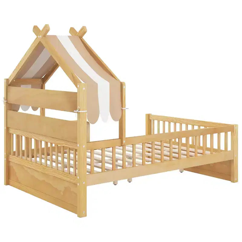 Cama-casa de madeira ModernLuxe para colchão individual/cama de casal com cabeceira com arrumação, estrutura de cama infantil em pinho maciço com grades de proteção