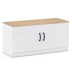 Banc à chaussures à 2 portes avec étagères réglables et espace de rangement dissimulé, naturel + blanc/Whi5te
