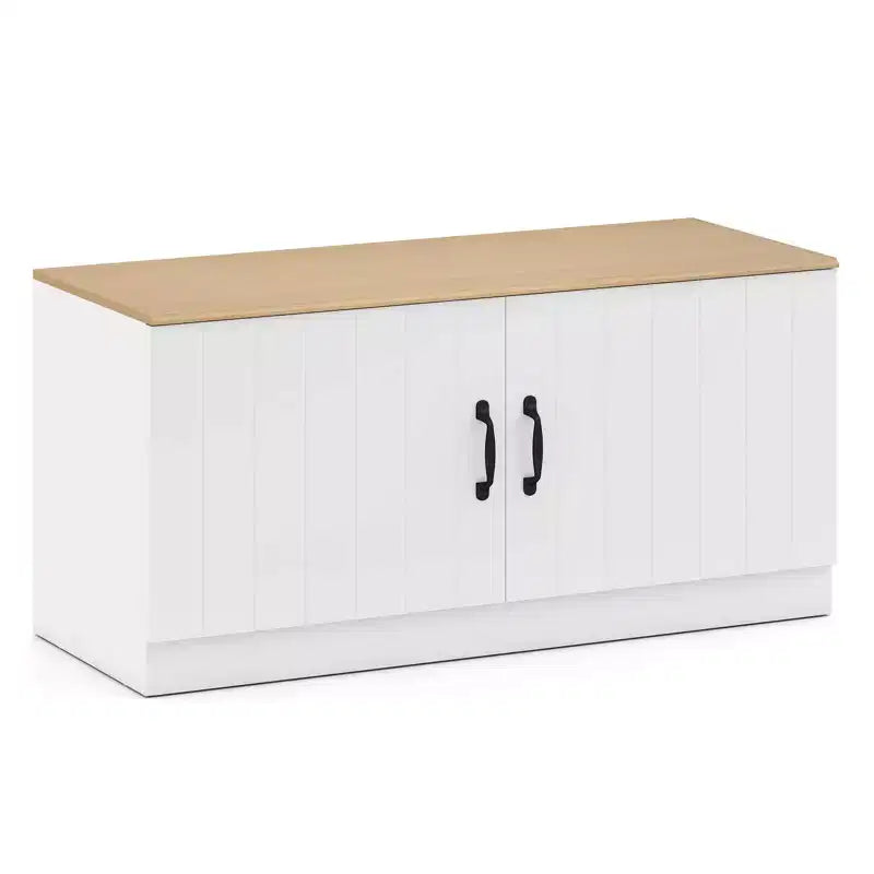 Banc à chaussures à 2 portes avec étagères réglables et espace de rangement dissimulé, naturel + blanc/Whi5te