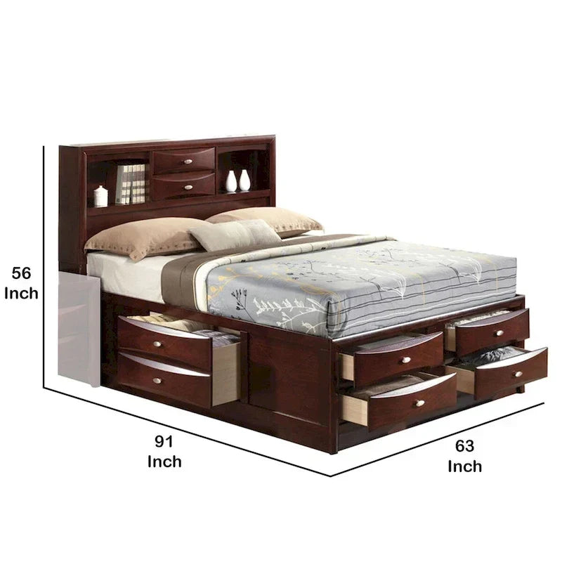 Bett im Paneel-Design, Queensize-Bett mit Bücherregal und Schubladen, Braun