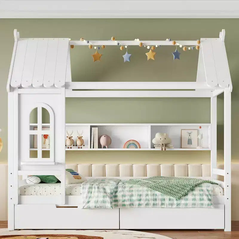 Huisbed met opbergladen en raam, frame van massief hout met planken, speels kinderdesign, lichtwit