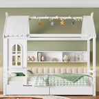 Huisbed met opbergladen en raam, frame van massief hout met planken, speels kinderdesign, lichtwit