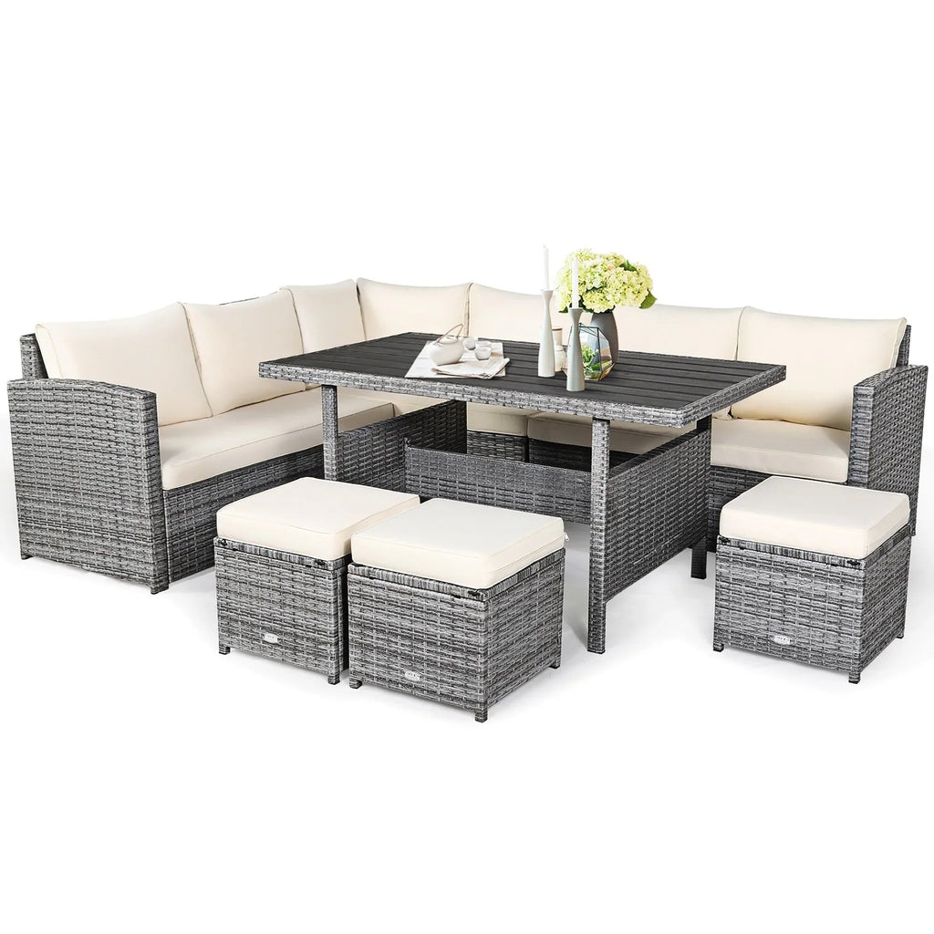 Costway 7-teiliges Dining-Set aus Polyrattan für die Terrasse mit Ecksofa, Couch und Hocker – Details anzeigen