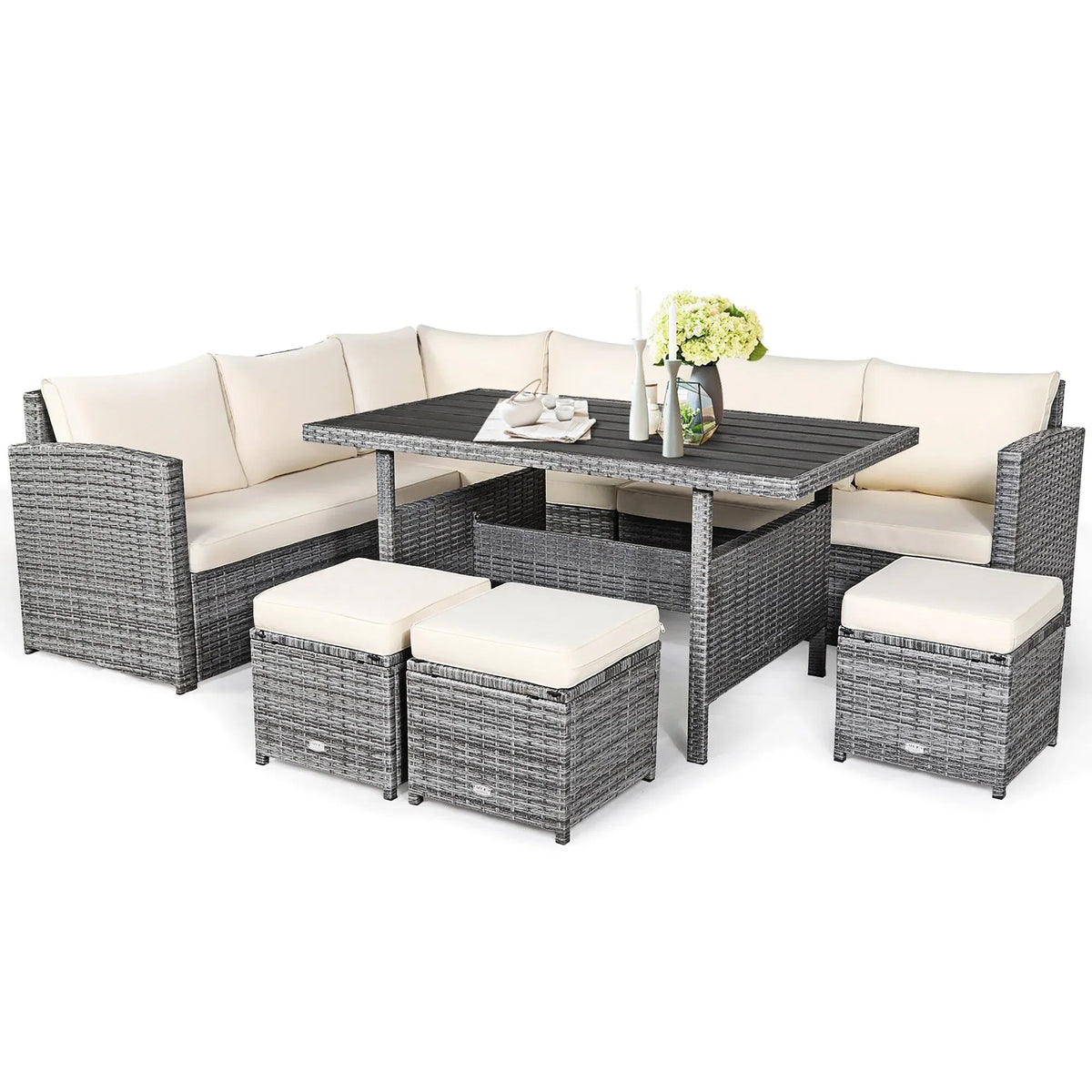 Costway 7-teiliges Dining-Set aus Polyrattan für die Terrasse mit Ecksofa, Couch und Hocker – Details anzeigen