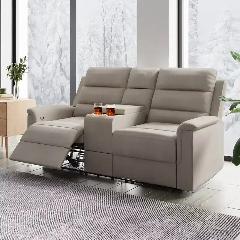Beige-graues Relaxsofa aus Tech-Gewebe, 2-Sitzer, mit verstellbarer Rückenlehne und Fußstütze