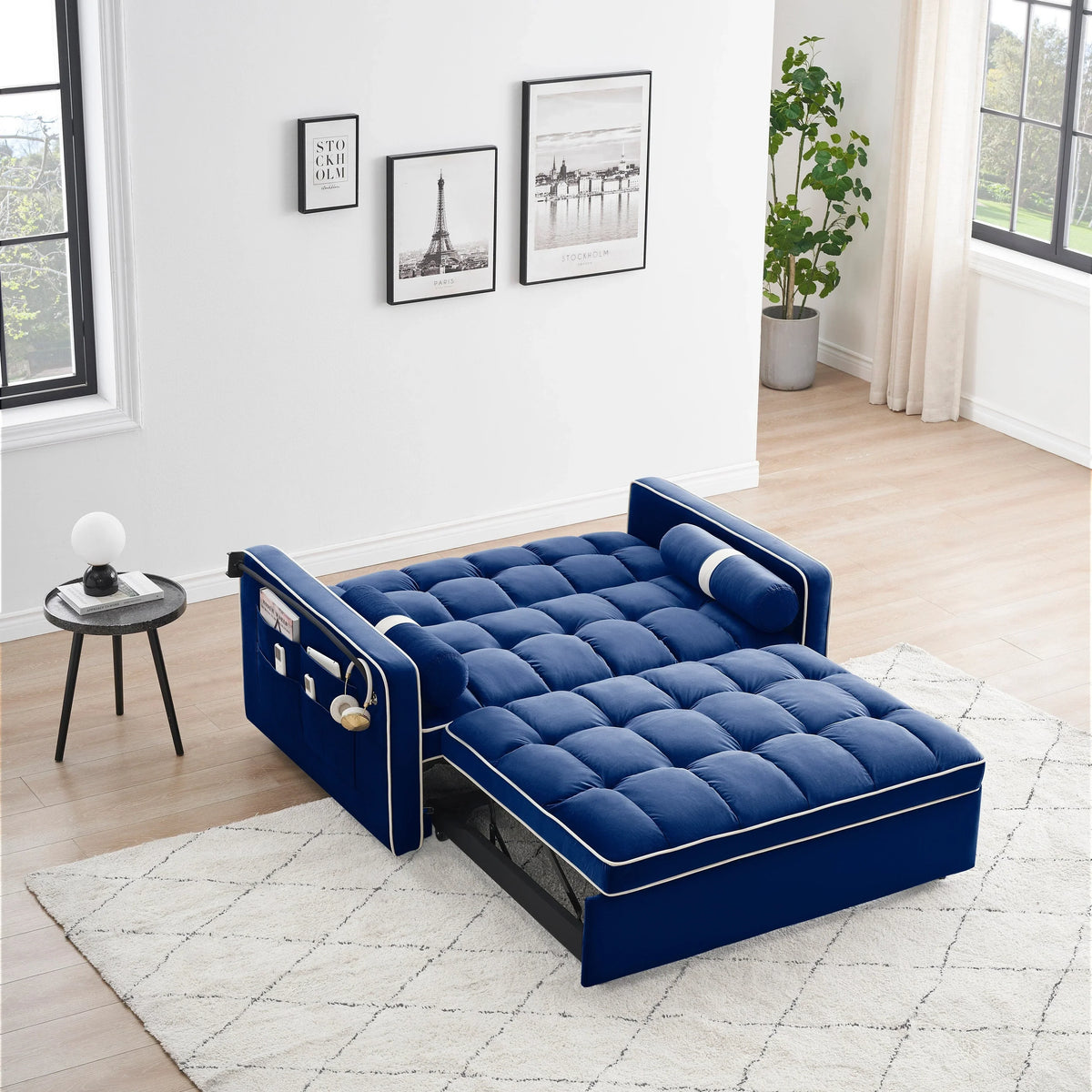 Sofá-Cama Convertível de Veludo para 2 Pessoas, com 55', Cama Extensível, Encosto Reclinável Ajustável, Bolsos Laterais e Suporte para Telemóvel