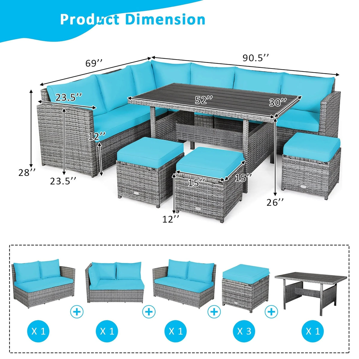 Costway 7-teiliges Dining-Set aus Polyrattan für die Terrasse mit Ecksofa, Couch und Hocker – Details anzeigen