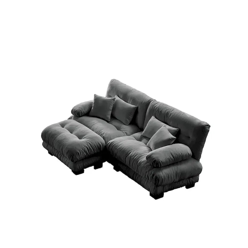 Sofá de dois lugares em forma de L, sofá modular em chenille com almofadas lombares