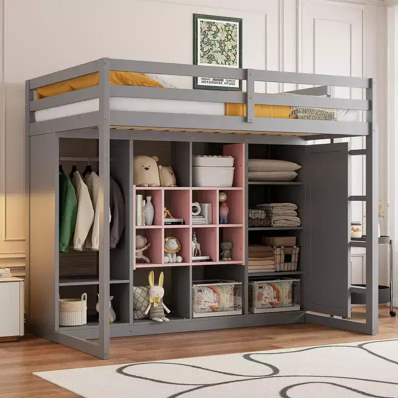 Lit mezzanine pour enfants avec armoire et étagères, cadre de lit mezzanine en bois avec meuble de rangement pour enfants et adolescents