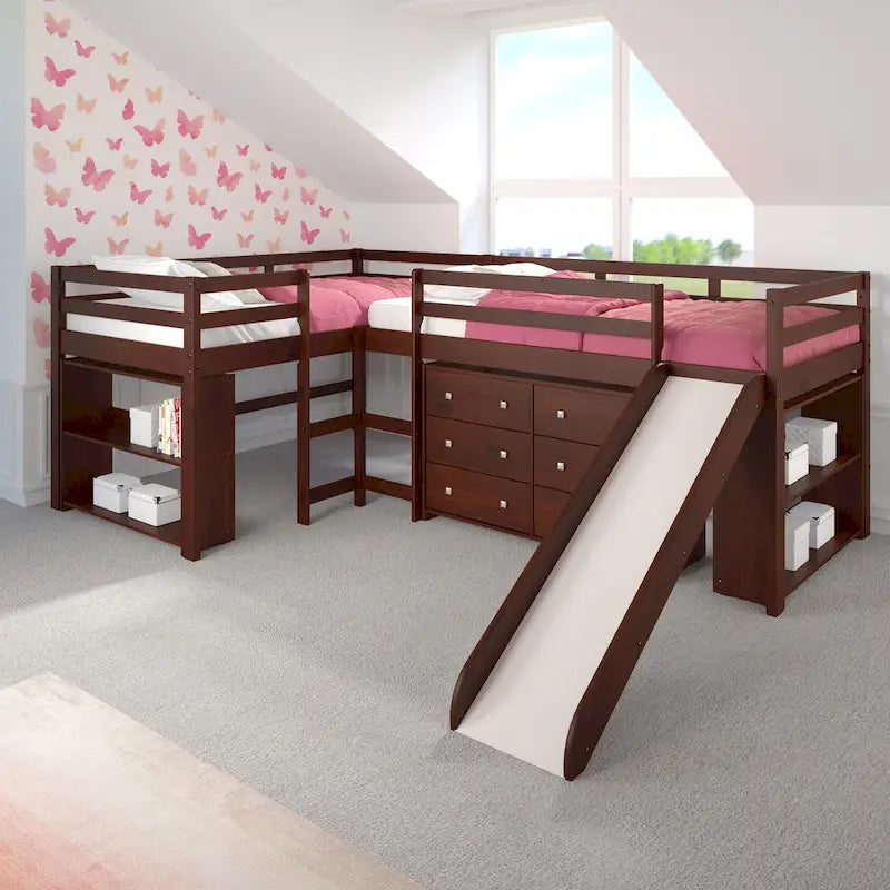 L-förmiges Doppel-Twin-Hochbett-Set mit Rutsche in dunklem Cappuccino