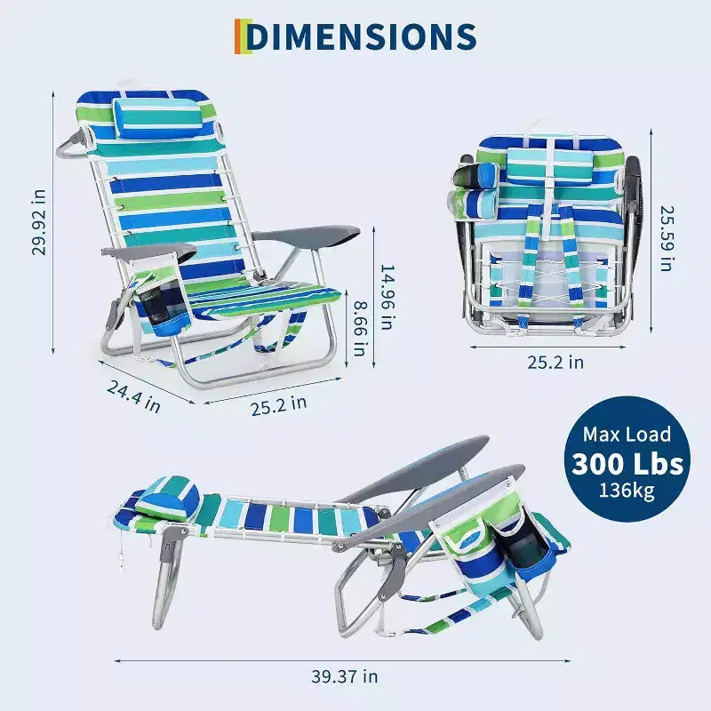 Lot de 2 chaises de plage légères type sac à dos Acekool, chaises pliantes à 5 positions pouvant être étendues à plat pour adultes, avec sangles, porte-gobelet et porte-serviette, supportant 300 lb