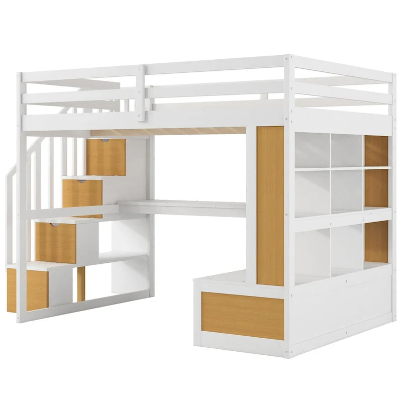 Lit mezzanine double en bois massif naturel et blanc avec bureau et tiroirs