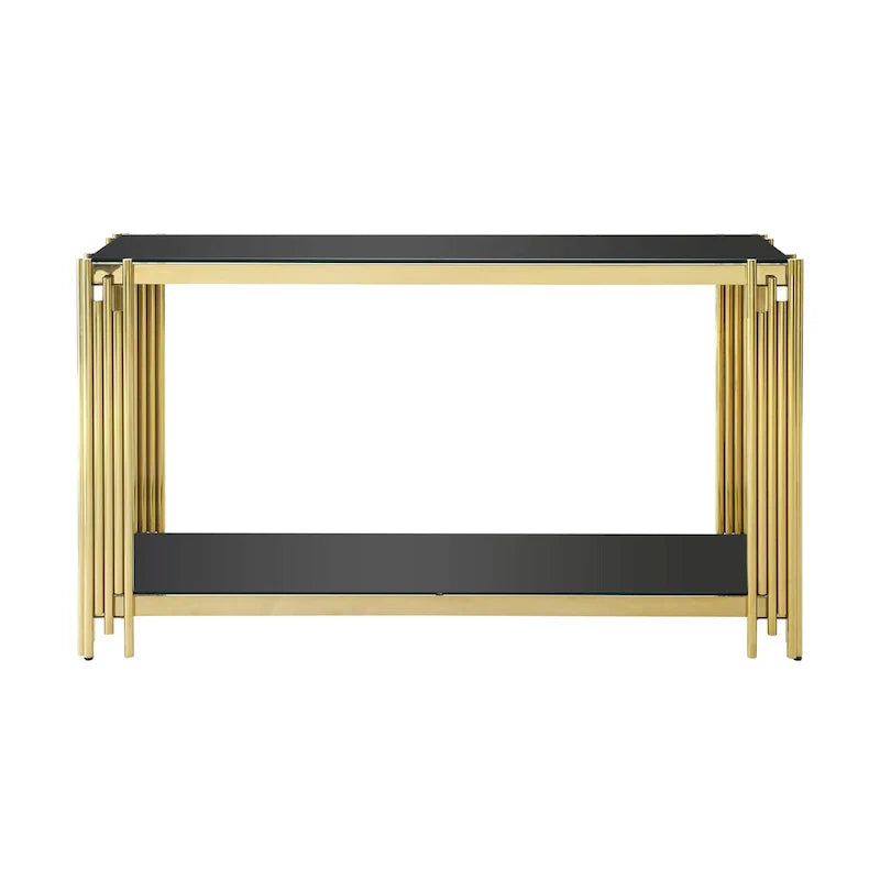 Schmaler 2-stufiger Konsolentisch mit goldfarbenem Metallgestell und Tischplatte aus gehärtetem Glas