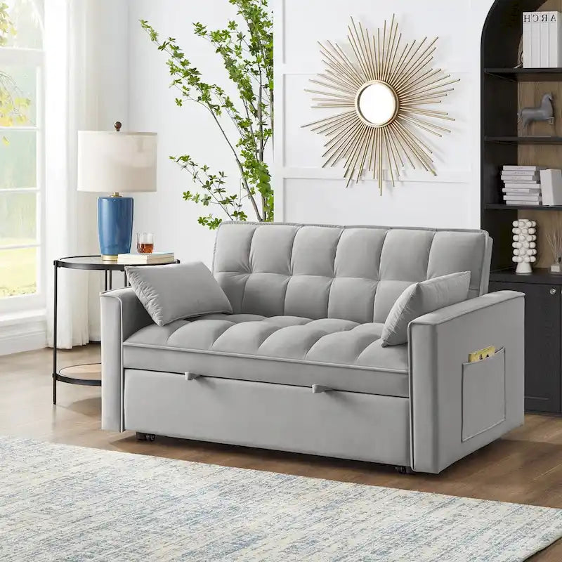 Sofá-cama de 2 lugares 4 em 1 com braços e bolsos de arrumação, sofá-cama extraível multifunções com encosto ajustável