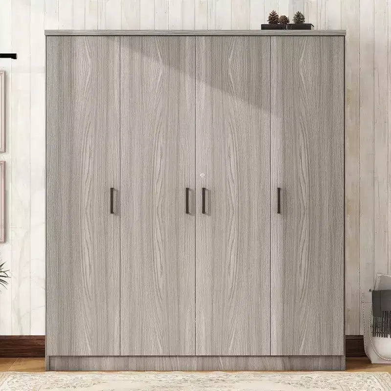 Armoire-penderie en bois à 4 portes avec tringle, 1 tiroir et étagères de rangement