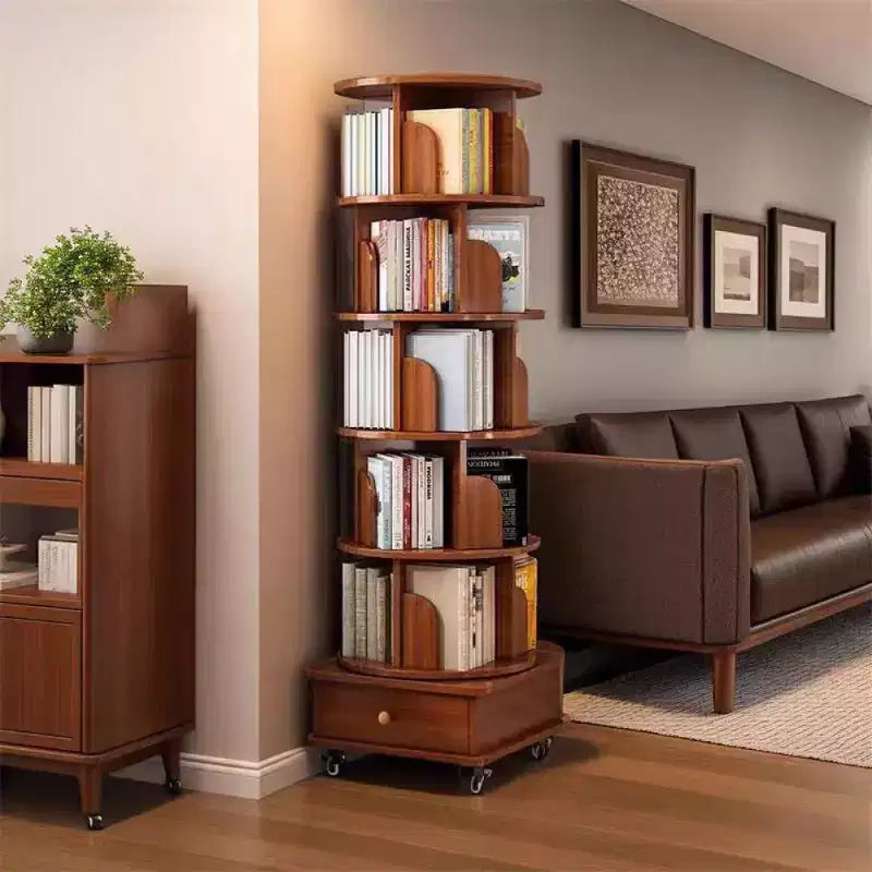 Chic Crate schmales Eckbücherregal mit 6 Ebenen, 360° drehbar und mit Rollen, für kleine Räume, Walnussbraun