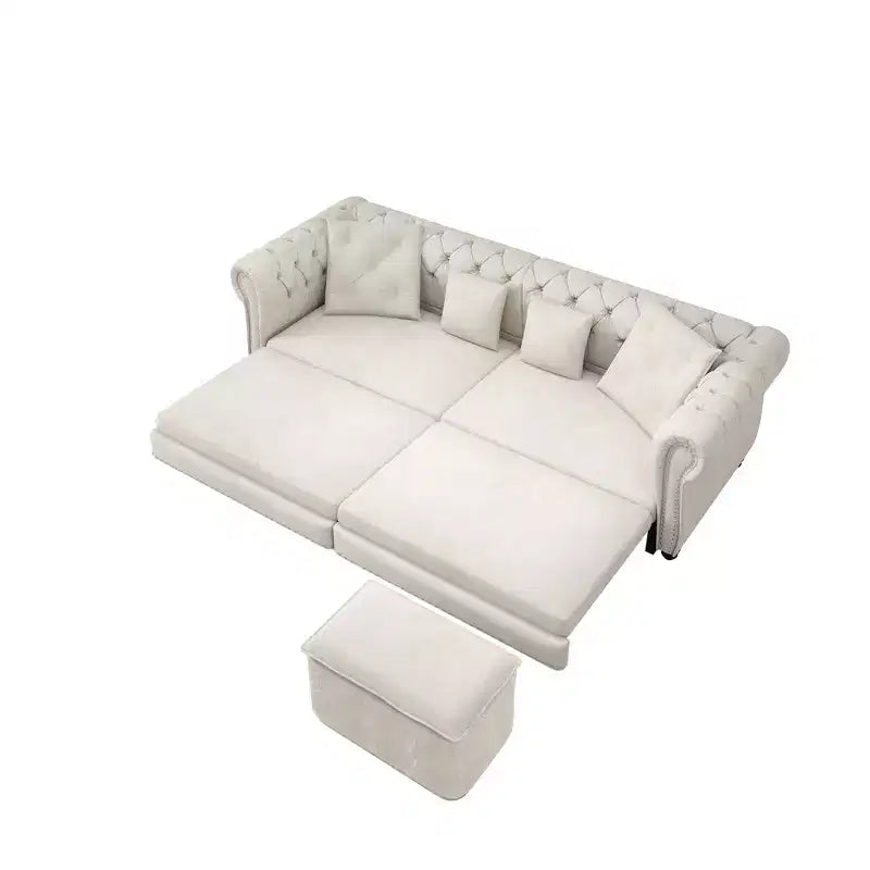 Whisen fluwelen 3-in-1 kingsize slaapbank en converteerbare slaapbank met verplaatsbare hocker, gecapitonneerd ontwerp