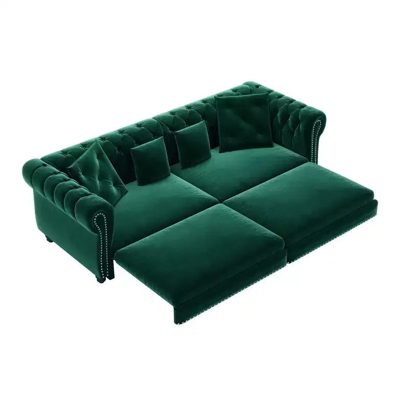 Whisen fluwelen 3-in-1 kingsize slaapbank en converteerbare slaapbank met verplaatsbare hocker, gecapitonneerd ontwerp