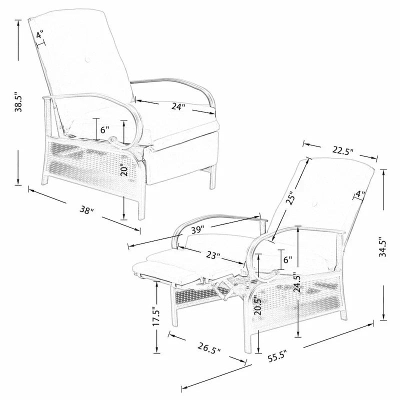 Cadeira reclinável ajustável de exterior, sofá de descanso com almofada - 38 (D) x 26.5 (W) x 38.5 (H) POLEGADAS