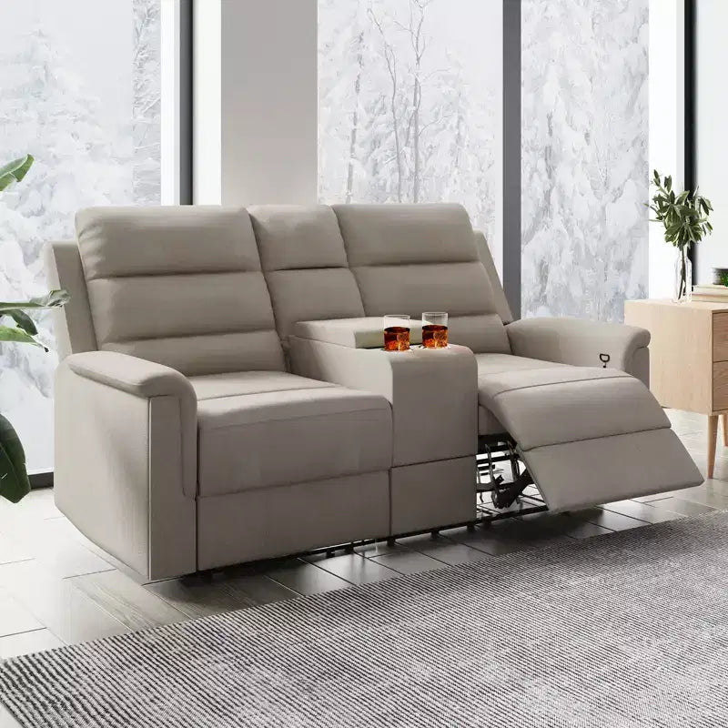 Beige-graues Relaxsofa aus Tech-Gewebe, 2-Sitzer, mit verstellbarer Rückenlehne und Fußstütze
