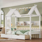 Huisbed met opbergladen en raam, frame van massief hout met planken, speels kinderdesign, lichtwit