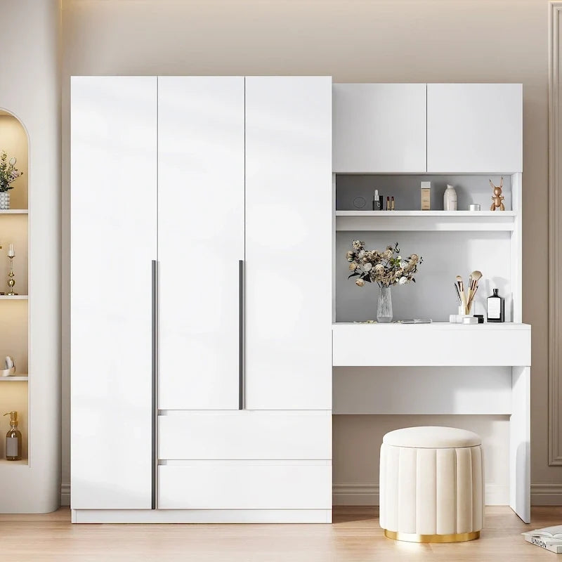 3-in-1-Kleiderschrank mit Schminktisch, Schreibtisch-Set, Schlafzimmerschrank mit 2 Schubladen, 3 Türen und Stauraum