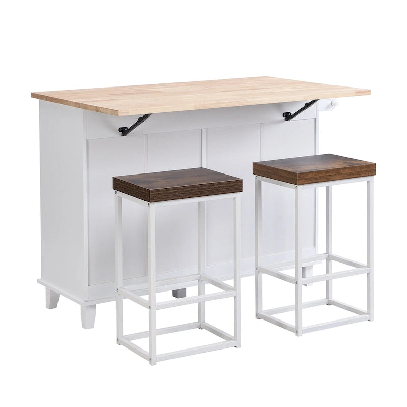 Ensemble îlot de cuisine TOPMAX avec rallonge rabattable et 2 places assises, ensemble table à manger avec étagère réglable, tiroirs et porte-serviettes