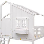 Cama alta de tamanho Twin em forma de casa, cama alta de madeira tipo casinha com escada e barreiras de proteção para crianças