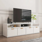 Mobile TV angolare moderno bianco con 2 cassetti e vani portaoggetti aperti