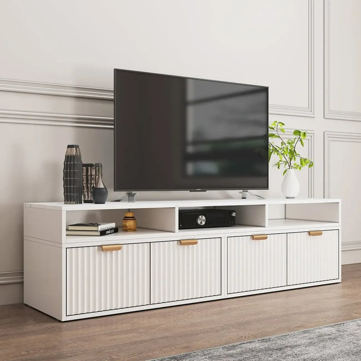 Mobile TV angolare moderno bianco con 2 cassetti e vani portaoggetti aperti