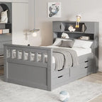 Letto a piattaforma Captain matrimoniale o singolo con 4 cassetti e ripiani contenitori, struttura in legno massello con testiera libreria contenitore