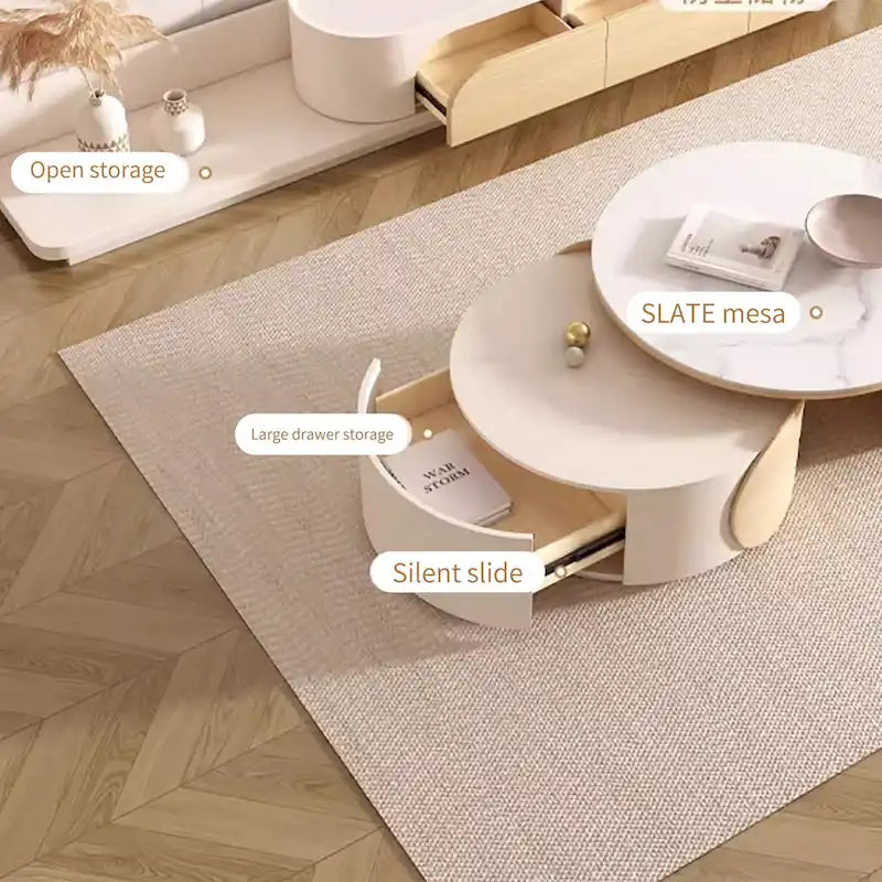 Moderner runder Couchtisch, Tischplatte aus Stein, naturbelassenes Holz – 50 x 31,5
