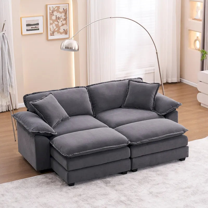 Zweisitzer-Sofa mit 2 Sitzkissen, 2 Kissen und 2 Hockern, bequemes Sofa – tiefes Wohnzimmer-Sofa, modulares Sofa