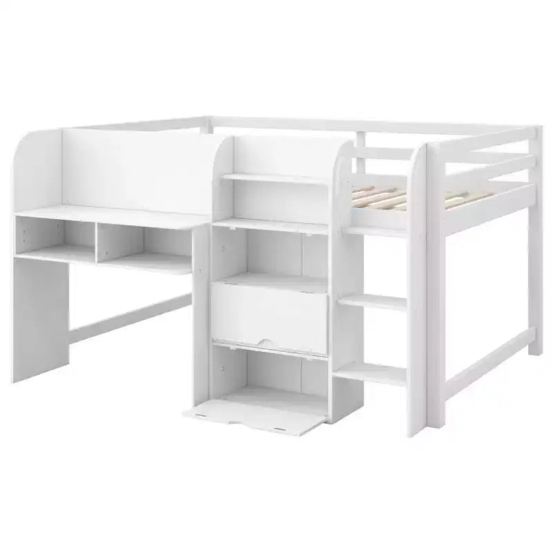 Letto rialzato basso rosa/bianco con scrivania, spazio contenitore e lavagna bianca -C singolo, 1 persona
