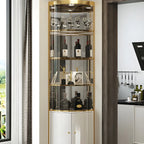 Vitrina de canto glamorosa com vidro brilhante e metal dourado, de formato arredondado