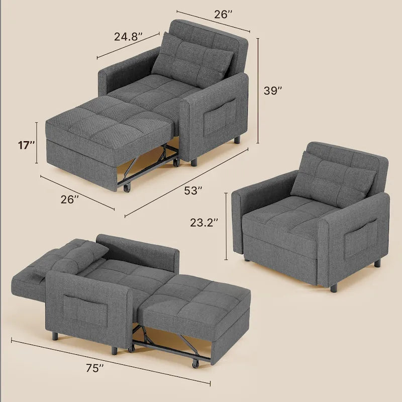 Rozkładany fotel do spania 3 w 1, rozkładana, regulowana i składana tapicerowana sofa wypoczynkowa