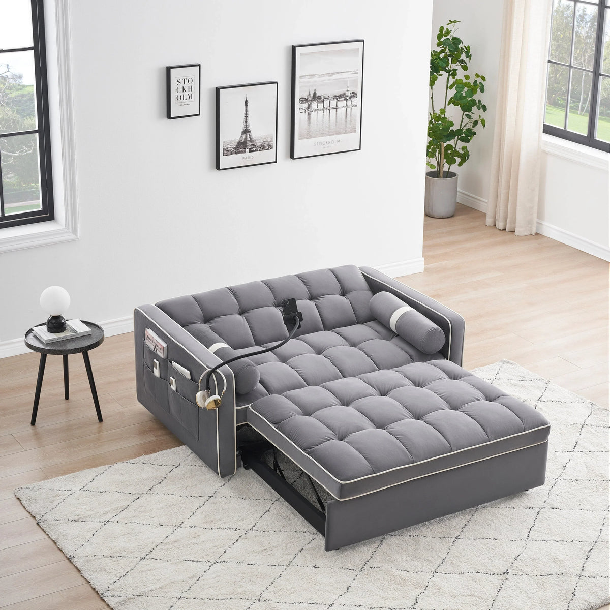 Sofá-Cama Convertível de Veludo para 2 Pessoas, com 55', Cama Extensível, Encosto Reclinável Ajustável, Bolsos Laterais e Suporte para Telemóvel