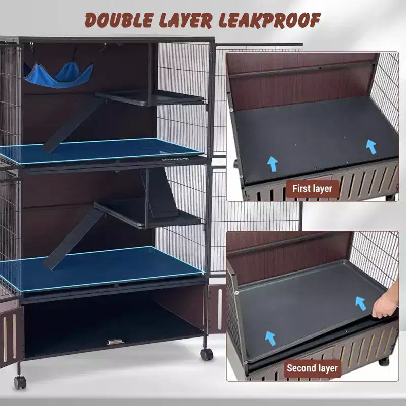 Cage pour petits animaux, cage pour furet : habitat à 5 niveaux de 59 po avec meuble de rangement, comprend un hamac, des roulettes, des rampes amovibles et des bacs faciles à nettoyer