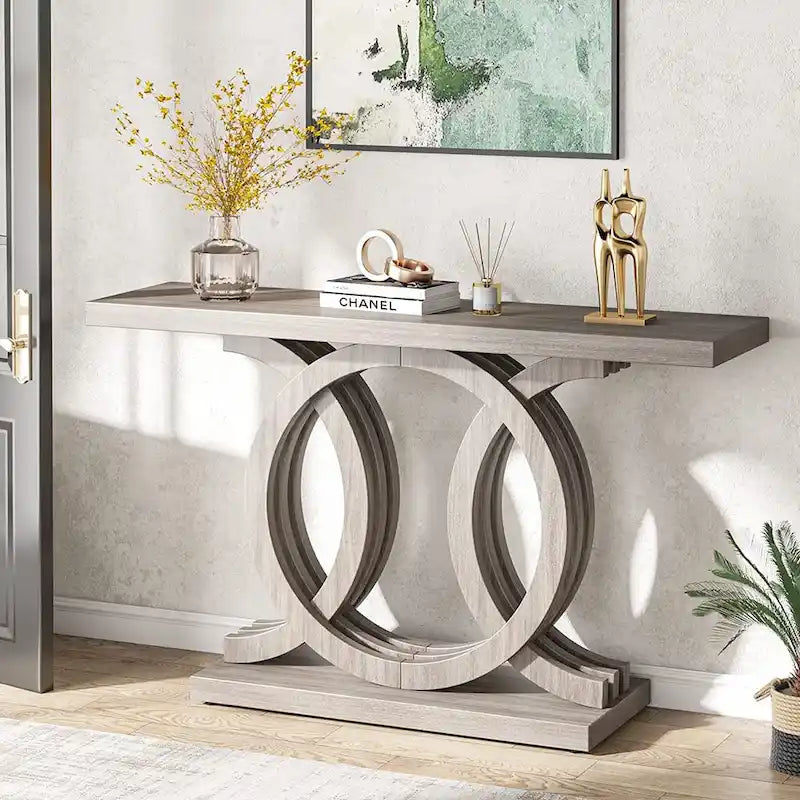 Mesa de consola vintage com base geométrica, mesa de madeira para corredor