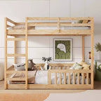 Houten stapelbed met twee volledige slaapplaatsen, ladder en valbeveiliging, laag stapelbed voor twee volledige matrassen met lattenbodem