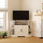 Meuble TV d’angle pour téléviseurs jusqu’à 55 pouces, console multimédia de style ferme avec porte de grange, étagères ouvertes et placard de rangement, blanc