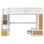 Lit mezzanine double en bois massif naturel et blanc avec bureau et tiroirs