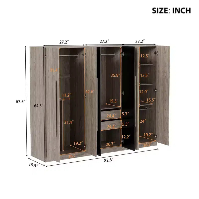 Armário roupeiro 83W com 6 portas, armário de roupa com 2 gavetas, varões para pendurar e prateleiras de arrumação, preto+natural-ModernLuxe