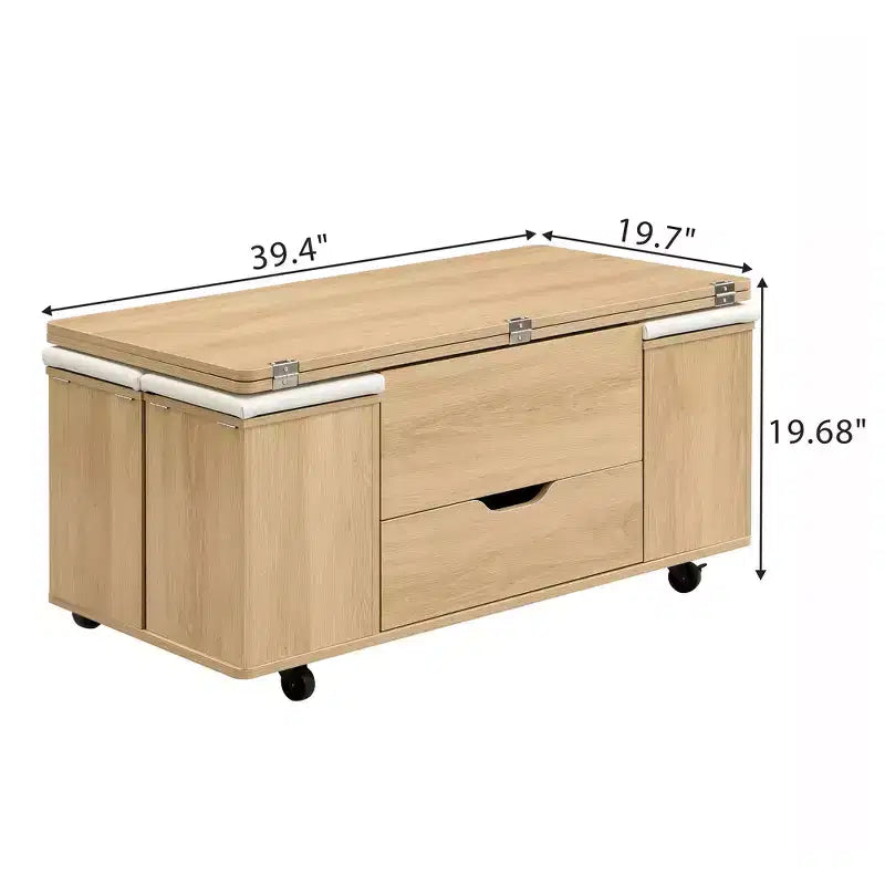 Mesa de centro moderna multifunções com tampo elevável, arrumação oculta, 4 bancos e rodízios, perfeita para espaços de estar modernos