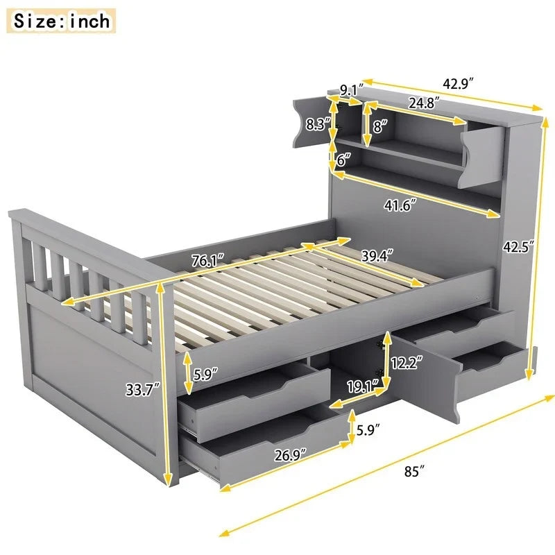 Letto a piattaforma Captain matrimoniale o singolo con 4 cassetti e ripiani contenitori, struttura in legno massello con testiera libreria contenitore