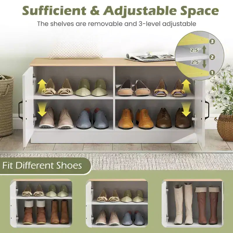 Banc à chaussures à 2 portes avec étagères réglables et espace de rangement dissimulé, naturel + blanc/Whi5te