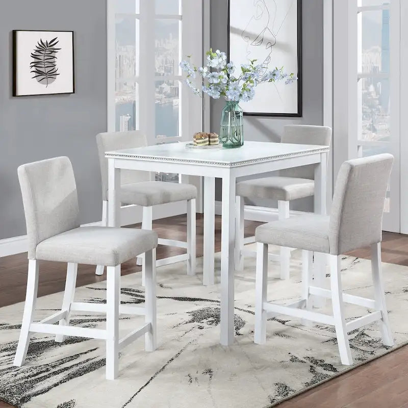 Modernes 5-teiliges Esszimmer-Set mit quadratischem Tisch in Tresenhöhe und 4 gepolsterten Stühlen