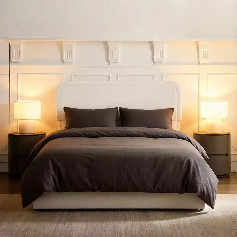 Lit queen-size moderne rembourré en bouclé avec tiroirs de rangement